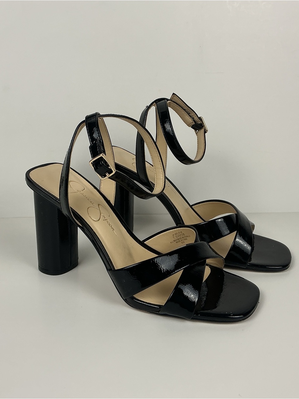 Black Patent Strappy Block Heel Sandals 4 inch